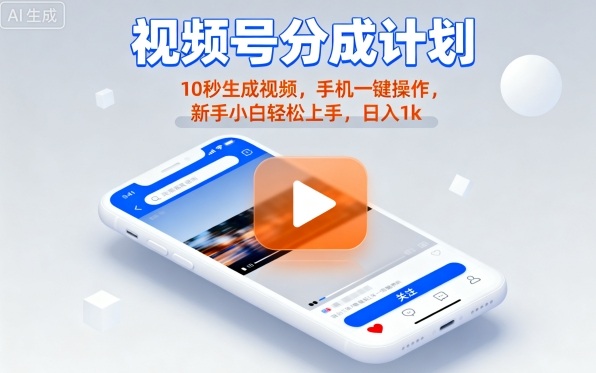 视频号分成计划懒人玩法，10秒生成视频，手机一键操作，新手小白轻松上手，日入1K【揭秘】-副业网资源站