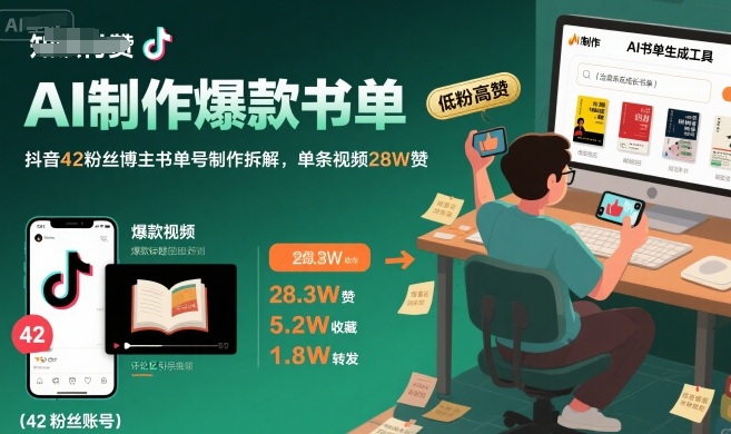 AI制作爆款书单，抖音42粉丝博主书单号制作拆解，单条视频28W赞-副业网资源站