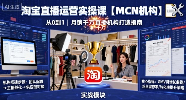 淘宝直播运营实操课【MCN机构】，从0到1做一家月销千W的直播机构-副业网资源站