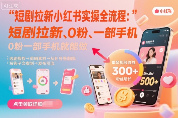短剧拉新小红书实操全流程，0粉一部手机就可以做，详细教程-副业网资源站