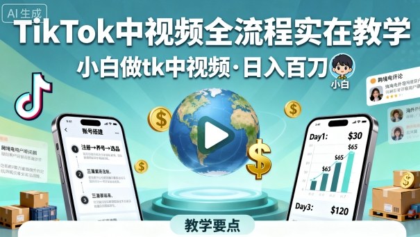 TikTok中视频全流程实操教学，小白做tk中视频，日入百刀-副业网资源站