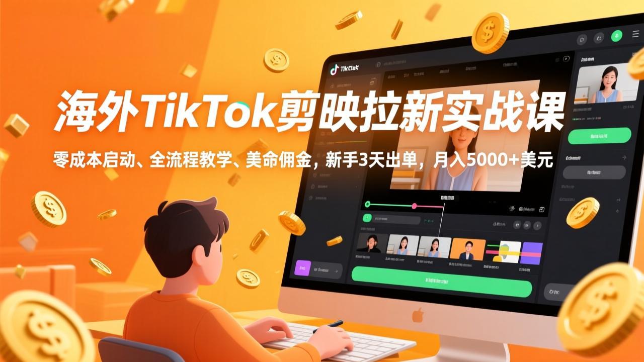 海外TikTok剪映拉新实战课，零成本启动、全流程教学、美金佣金，新手3天出单，月入5000+美元-副业网资源站