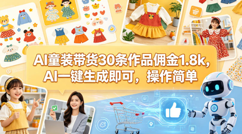 AI童装带货30条作品佣金1.8k，AI一键生成即可，操作简单-副业网资源站