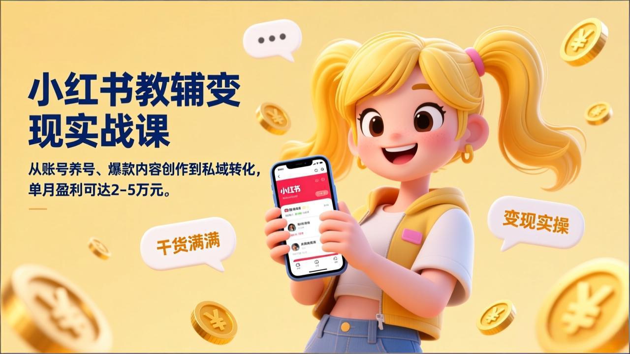 小红书教辅变现实战课，从账号养号、爆款内容创作到私域转化，单月盈利可达2-5万元-副业网资源站