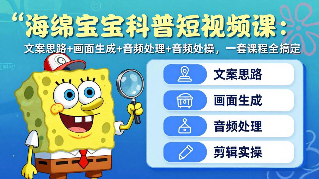 海绵宝宝科普短视频课：文案思路+画面生成+音频处理+剪辑实操，一套课程全搞定-副业网资源站