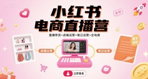 小红书电商直播营，直播带货+店铺运营+笔记运营=全电商-副业网资源站