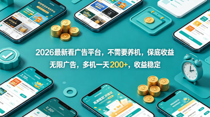 2026最新看广告平台，不需要养机，保底收益，无限广告，多机一天200+，收益稳定【揭秘】-副业网资源站