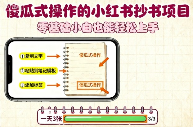 傻瓜式操作的小红书抄书项目，会复制粘贴就行，零基础小白也能一天3张-副业网资源站