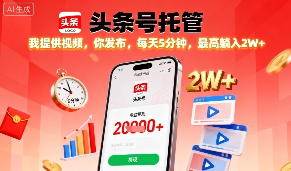 【头条号托管】我提供视频，你发布，每天5分钟，最高躺入2W+【揭秘】-副业网资源站