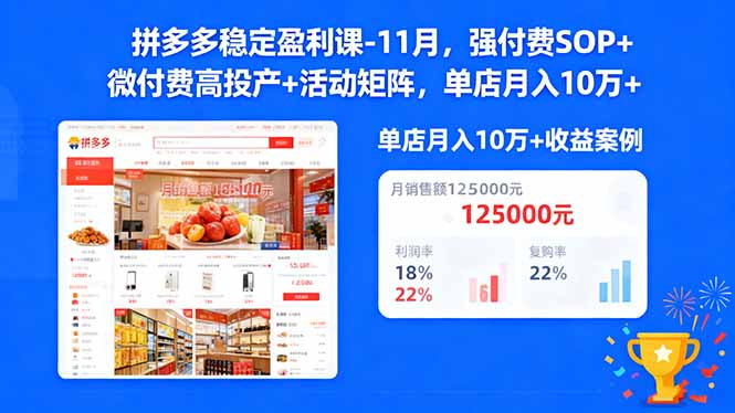 拼多多稳定盈利课-11月，强付费SOP+微付费高投产+活动矩阵，单店月入10w+-副业网资源站