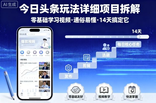 今日头条玩法详细项目拆解，零基础学习视频 通俗易懂 14天搞定它-副业网资源站