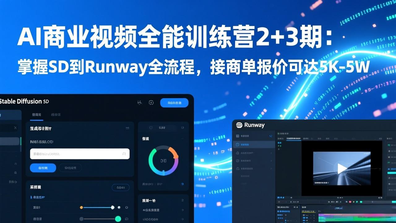 AI商业视频全能训练营2+3期：掌握SD到Runway全流程，接商单报价可达5K-5W-副业网资源站