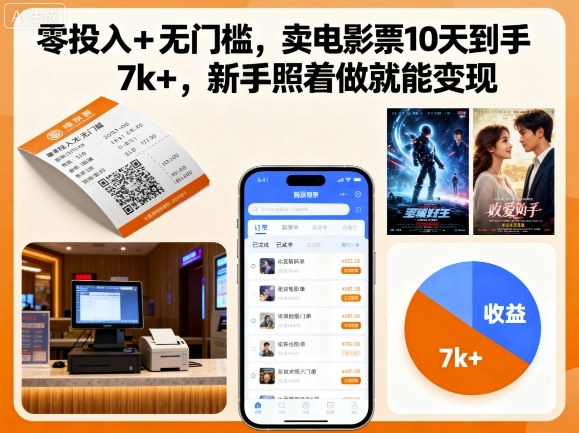 零投入+无门槛，卖电影票10天到手7k+，新手照着做就能变现【揭秘】-副业网资源站