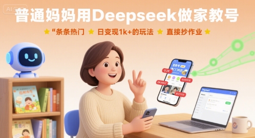 普通妈妈用Deepseek做家教号，条条热门，日变现1k+的玩法，直接抄作业-副业网资源站