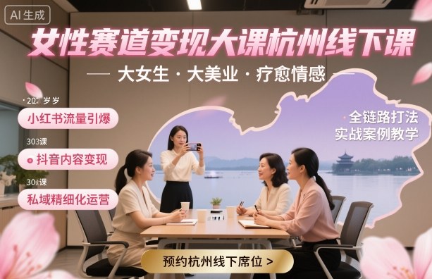 女性赛道变现大课杭州线下，大女生，大美业，疗愈情感，一套小红书、抖音、私域全链路打法-副业网资源站