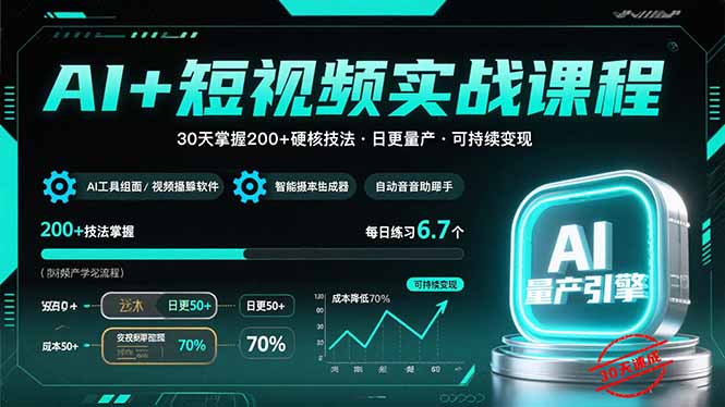 AI+短视频实战课程：30天掌握200+硬核技法，实现日更量产可持续变现-副业网资源站