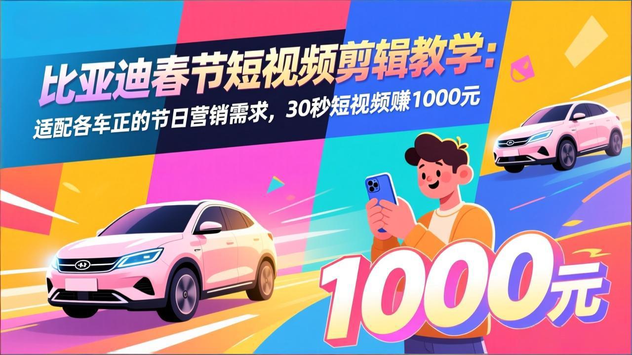 比亚迪春节短视频剪辑教学：适配各车企的节日营销需求，30秒短视频赚1000元-副业网资源站