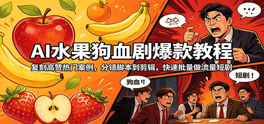AI水果狗血剧爆款教程：复刻高赞热门案例，分镜脚本到剪辑，快速批量做流量短剧-副业网资源站