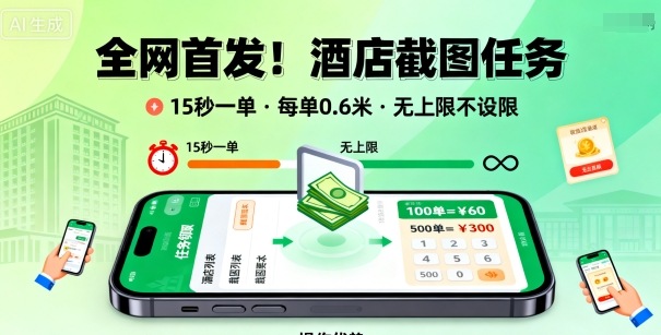 全网首发！酒店截图任务，15秒一单，每单0.6米，任务无上限不设限，矩阵操作单日3张到手【揭秘】-副业网资源站