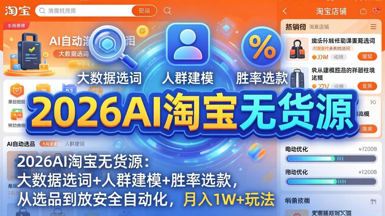 2026AI淘宝无货源-4月更新：大数据选词+人群建模+胜率选款，从选品到放大全自动化，月入1W+玩法-副业网资源站