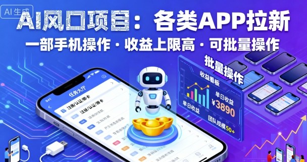 AI风口项目，各类APP拉新，一部手机就可以操作，收益上限高，可批量操作-副业网资源站
