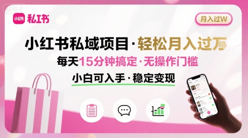 小红书私域项目 月入过W非常轻松 每天15分钟即可搞定，无任何操作门槛，小白可入手-副业网资源站