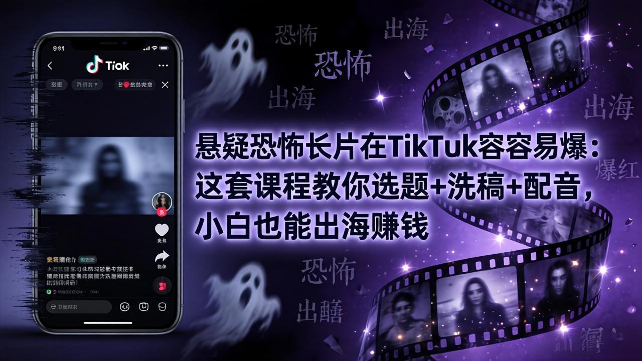 悬疑恐怖长片在TikTok最容易爆：这套课程教你选题+洗稿+配音，小白也能出海赚钱-副业网资源站