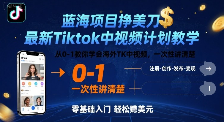蓝海项目挣美刀，最新Tiktok中视频计划教学，从0-1教你学会海外TK中视频，一次性讲清楚-副业网资源站