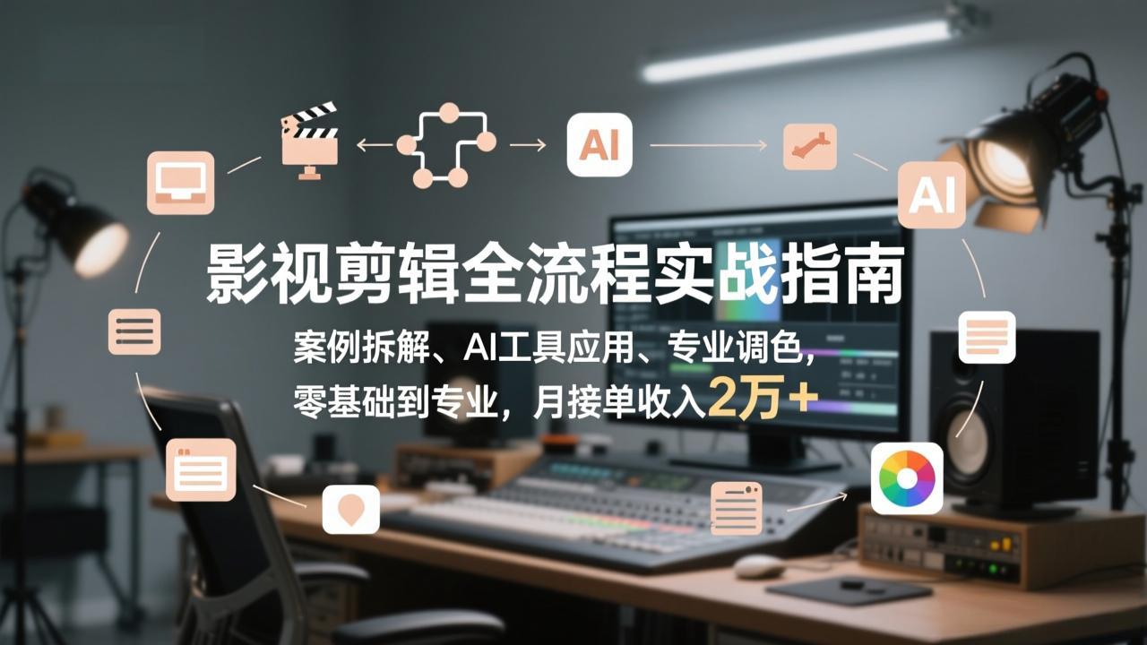 影视剪辑全流程实战指南，案例拆解、AI工具应用、专业调色，零基础到专业，月接单收入2万+-副业网资源站