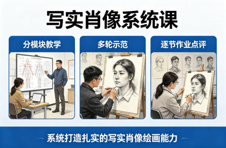 写实肖像系统课，全程分模块教学+多轮示范+逐节作业点评，系统打造扎实的写实肖像绘画能力-副业网资源站