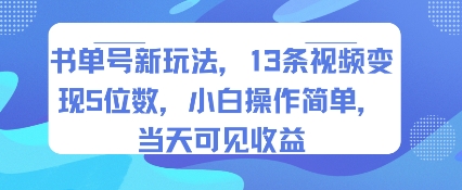 书单号新玩法，13条视频变现5位数，小白操作简单，当天可见收益-副业网资源站