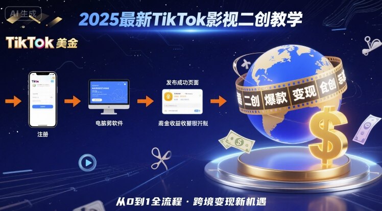 2025年最新TikTok影视二创教学，从注册到发布撸美金全流程，跨境变现新机遇-副业网资源站